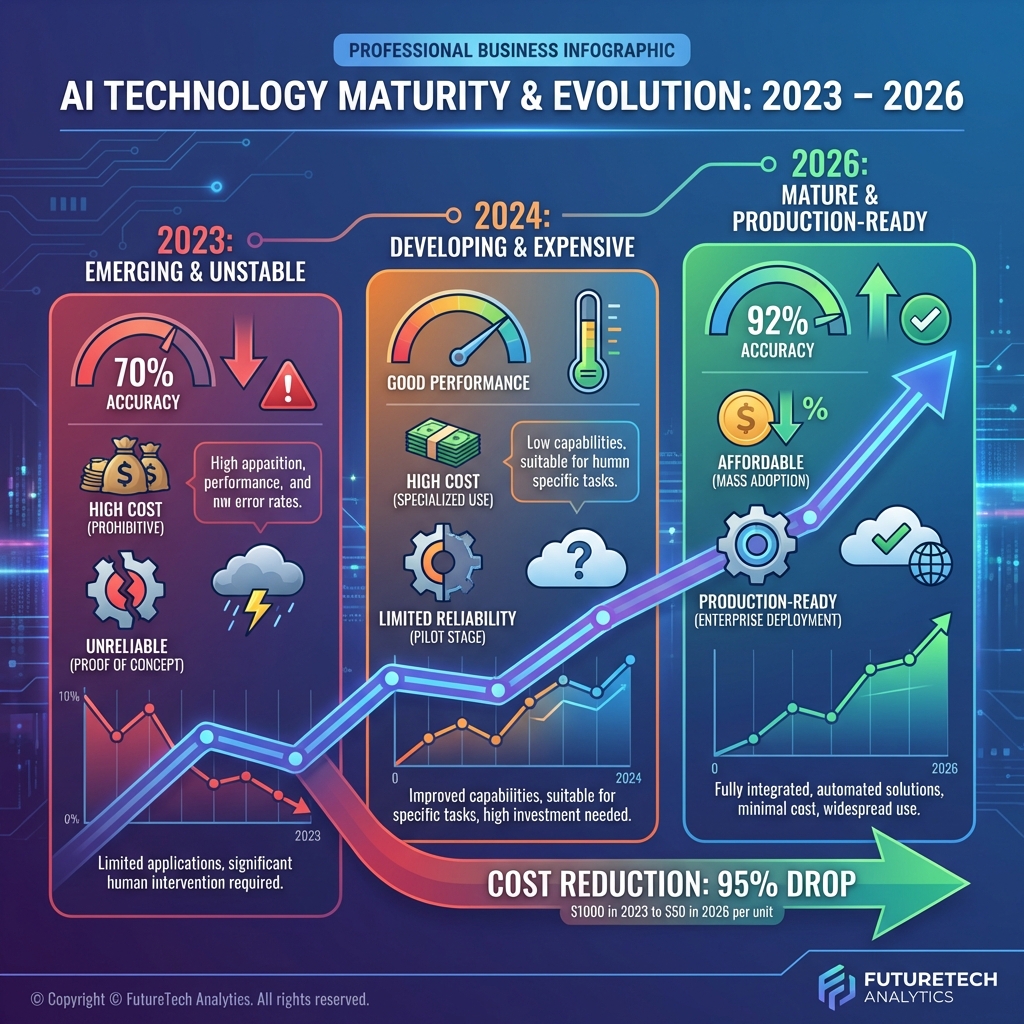 AI Technology Maturity Evolution 2023-2026 showing accuracy improvements and cost reductions