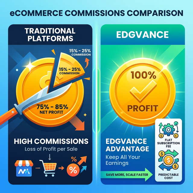 Infographic showing the drain of high commissions on Indian sellers revenue compared to zero commission ecommerce platform India.