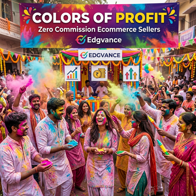 Vibrant Holi festival image with Edgvance logo and text "Colors of Profit" for zero commission ecommerce sellers.