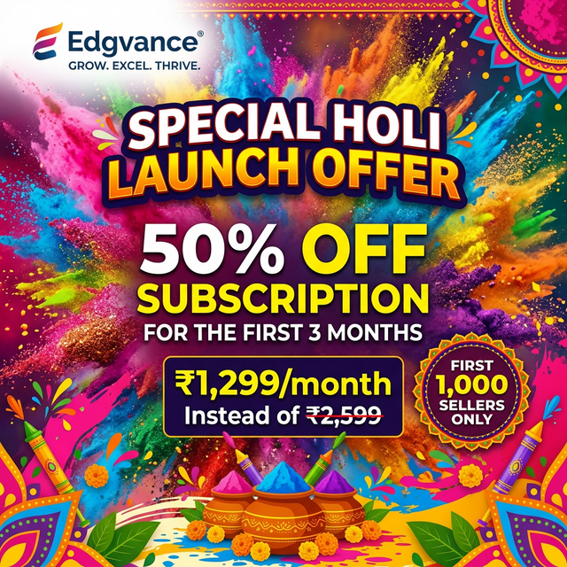 Special launch offer banner for Edgvance 50 percent off for first 3 months as a zero commission ecommerce platform for Indian sellers.