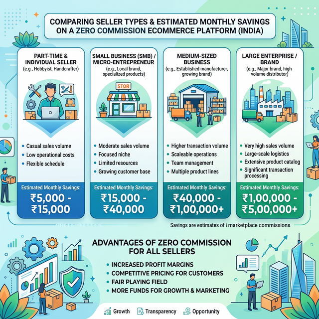 Infographic comparing different seller types and their monthly savings on zero commission ecommerce platform India.