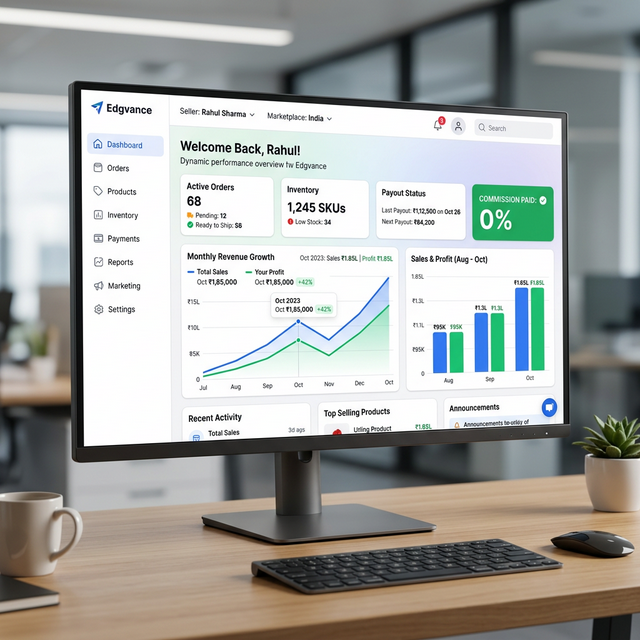 Screenshot of Edgvance seller dashboard showing clean UI for inventory management and sales tracking for Indian sellers.