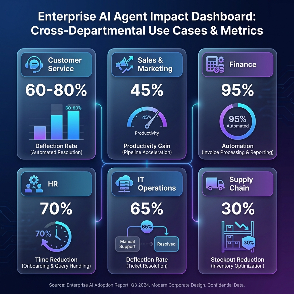 Enterprise AI Agent Use Cases Dashboard showing impact across 6 departments