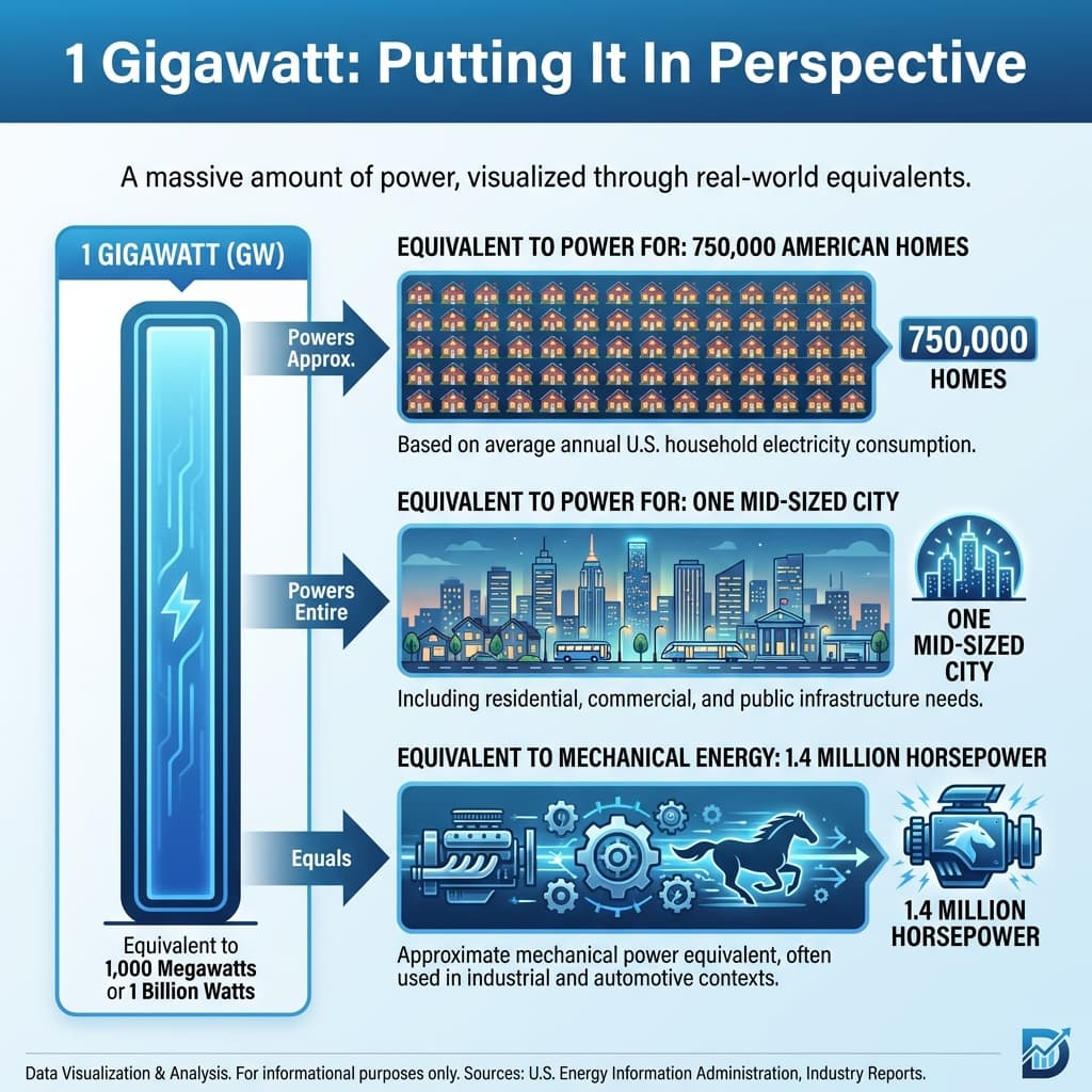 1 gigawatt power comparison infographic showing Meta AI data center energy equivalent to 750000 homes