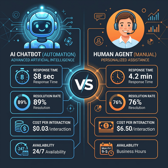 AI chatbot replacing human customer service agents comparison showing efficiency cost performance metrics automation job displacement