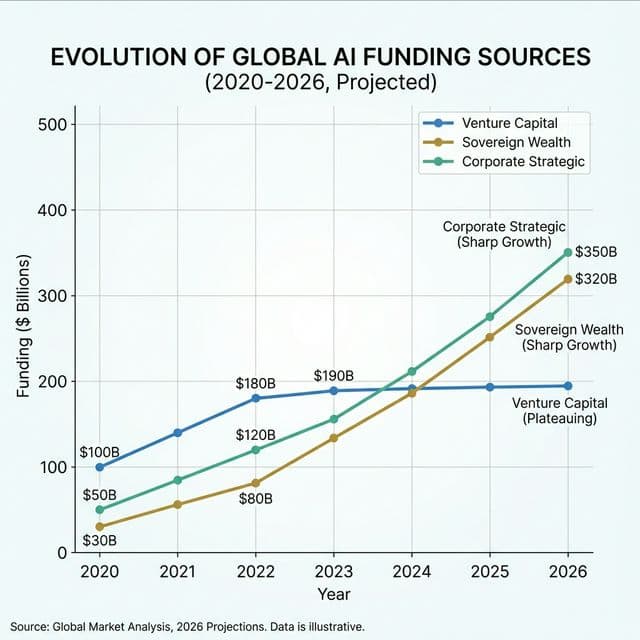 AI funding sources evolution chart showing shift from venture capital to sovereign wealth funds 2020 to 2026