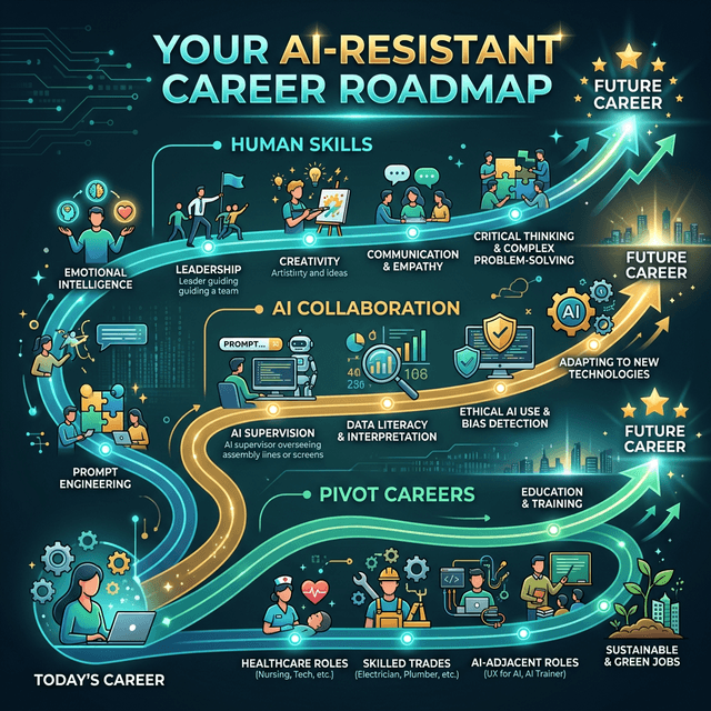 AI resistant skills development roadmap showing capabilities workers should build to survive AI job displacement era