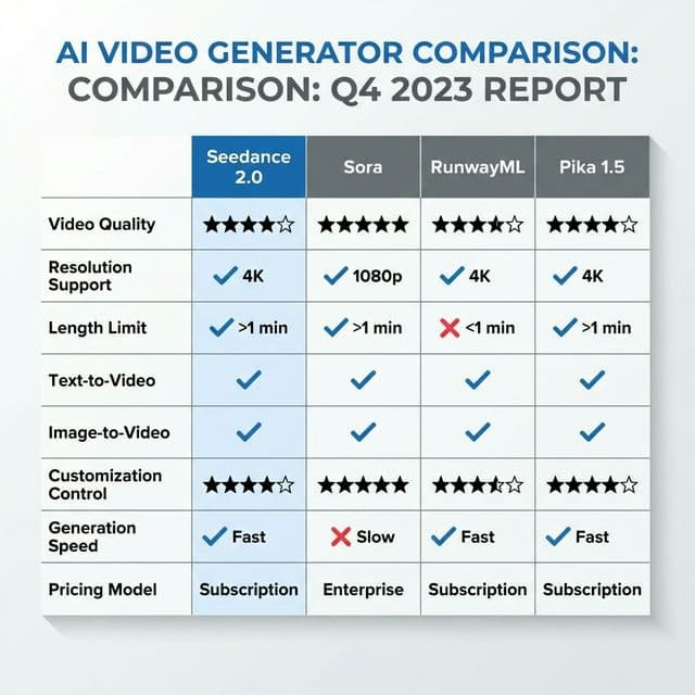 AI video generator comparison table Seedance 2.0 vs Sora vs RunwayML vs Pika showing capabilities pricing and quality 2026