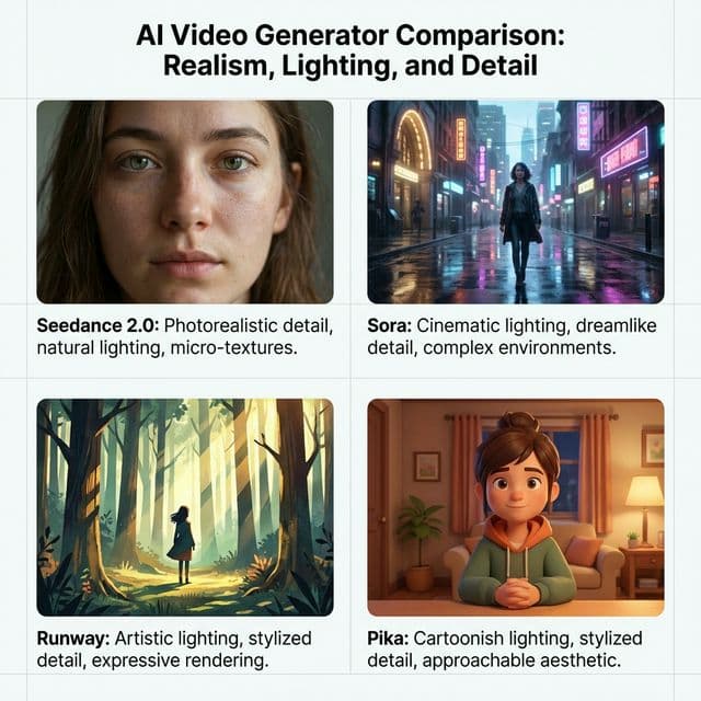 Quality comparison AI video outputs Seedance 2.0 versus Sora RunwayML Pika showing visual fidelity differences