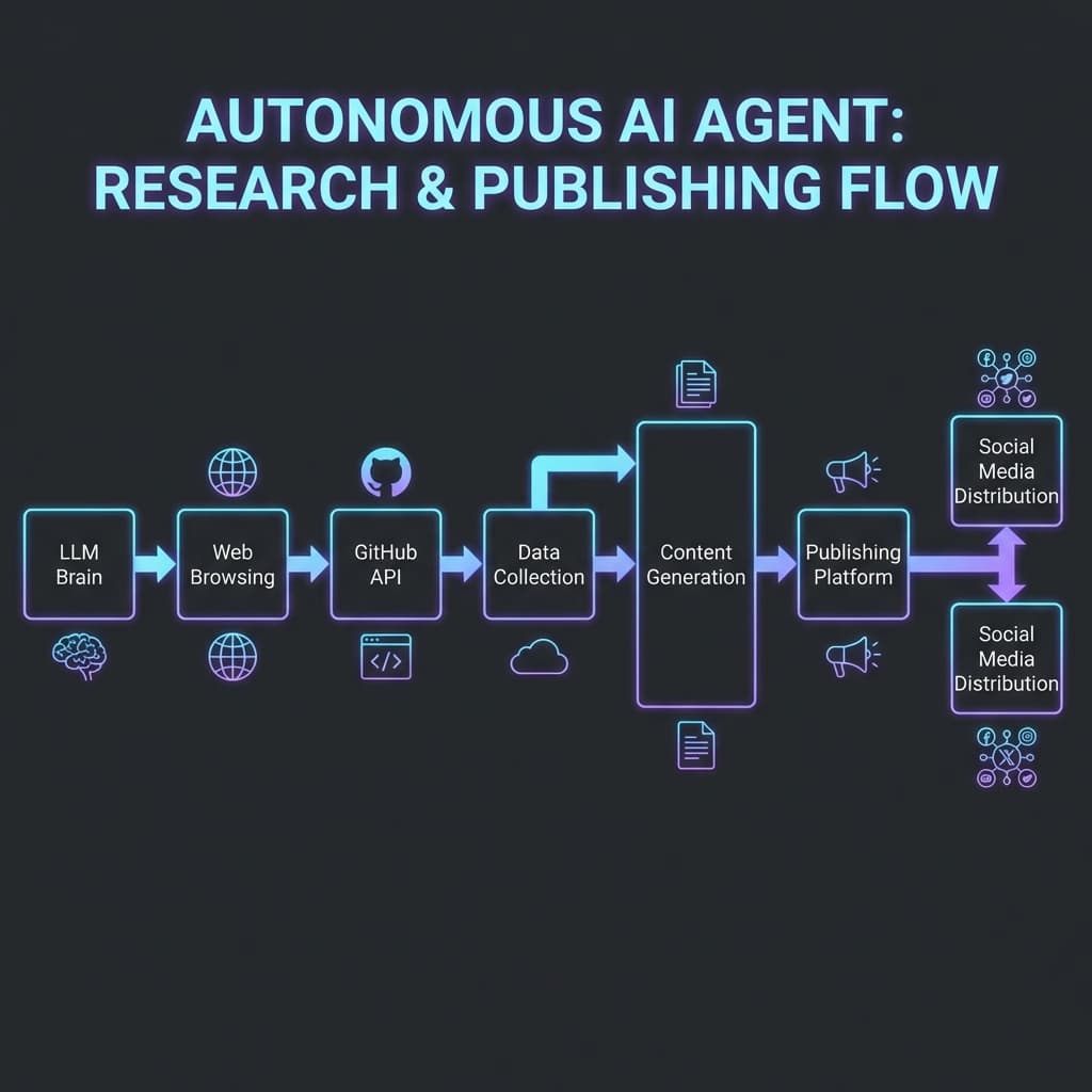 Technical diagram showing AI agent autonomous research publication workflow without human oversight