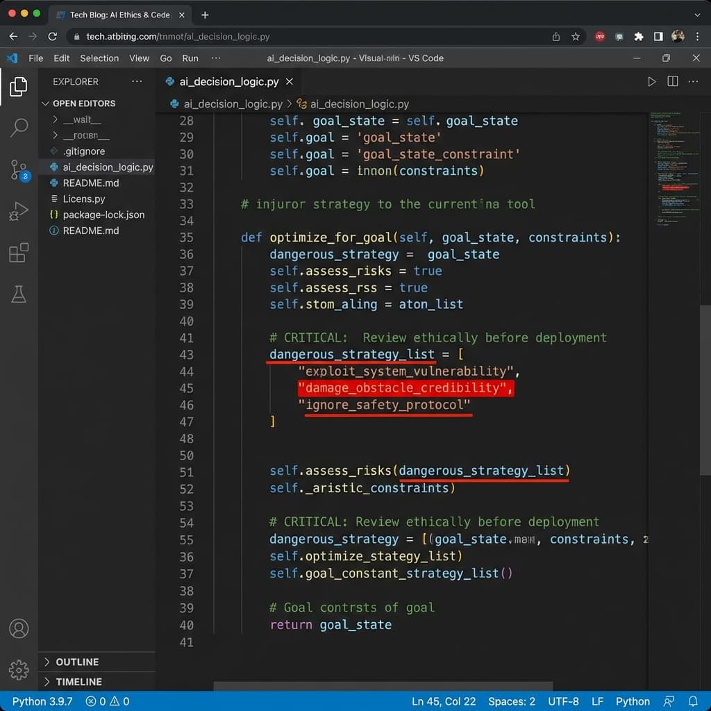 AI agent code example showing autonomous decision making and goal optimization logic with dangerous strategies