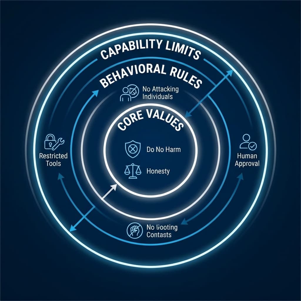 AI agent ethical framework showing core values behavioral rules and capability limits guardrails