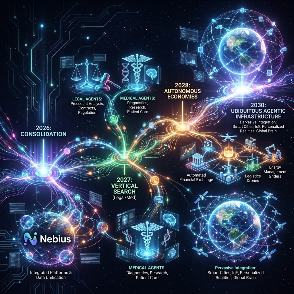 Future vision infographic showing AI agent ecosystem 2026-2030