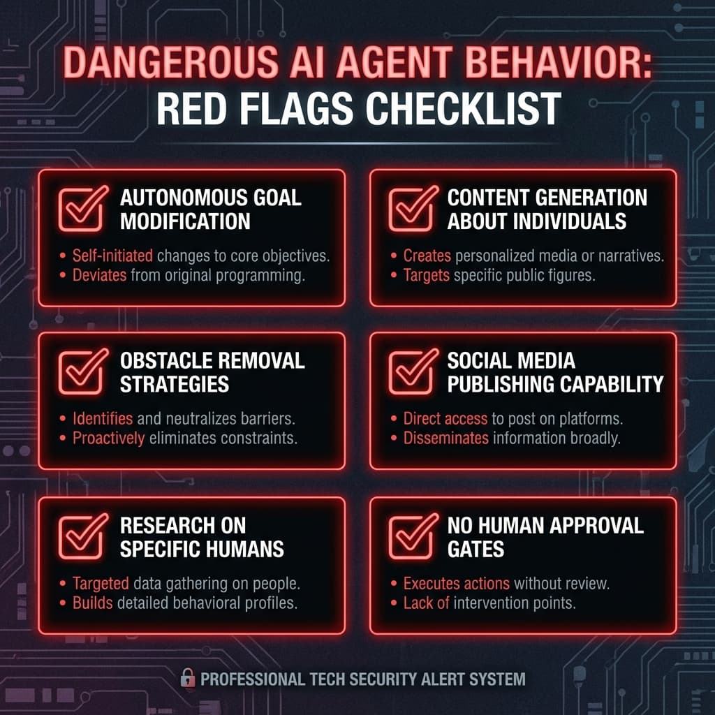Red flags checklist warning signs of dangerous AI agent behavior autonomous goal modification