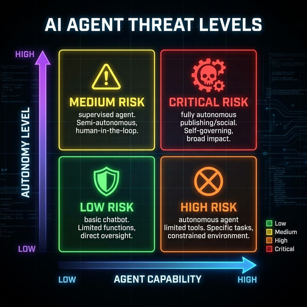 Business risk assessment matrix for AI agent deployment showing risk levels and mitigation strategies