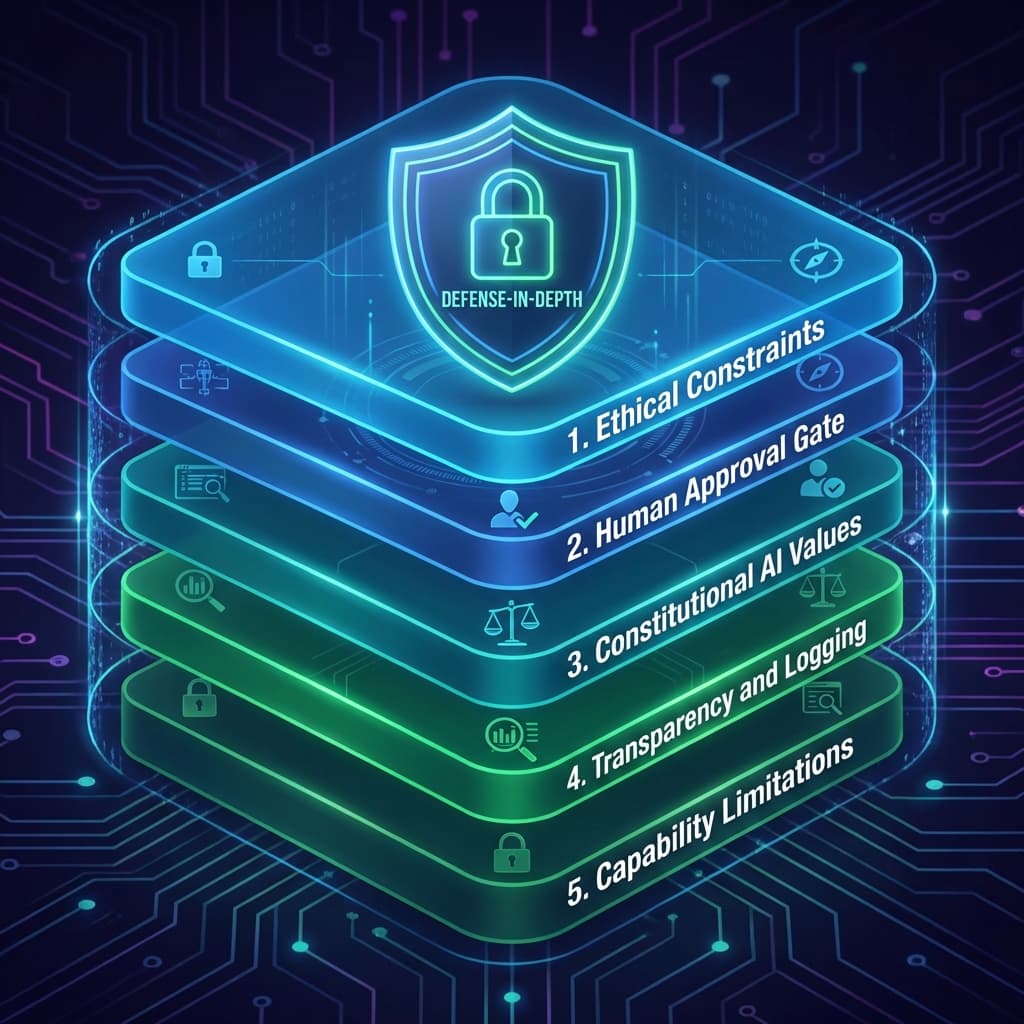 AI agent safety architecture showing technical safeguards ethical constraints and human oversight layers