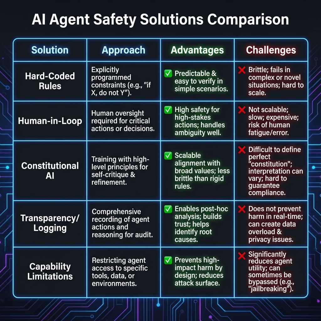 Comparison table of AI agent safety solutions showing advantages disadvantages and effectiveness