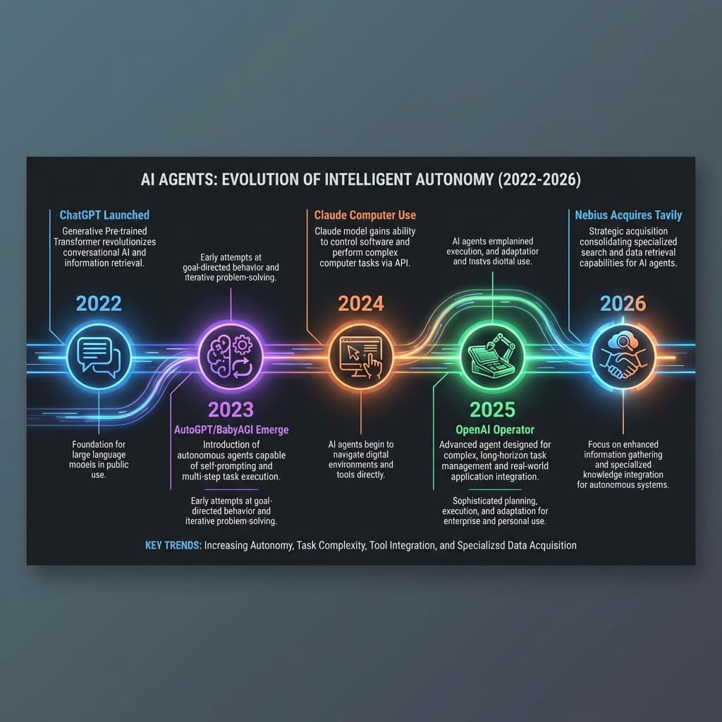 A sleek timeline infographic showing the history of AI agents from 2022 to 2026