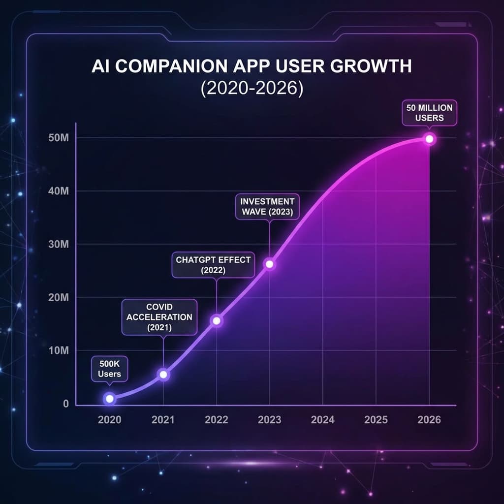 AI companion app user growth chart 2020 to 2026 showing rise to 50 million users