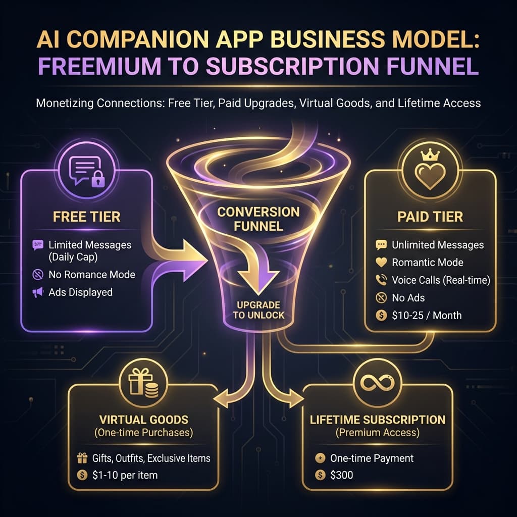 AI companion app business model revenue diagram showing subscription pricing and monetization