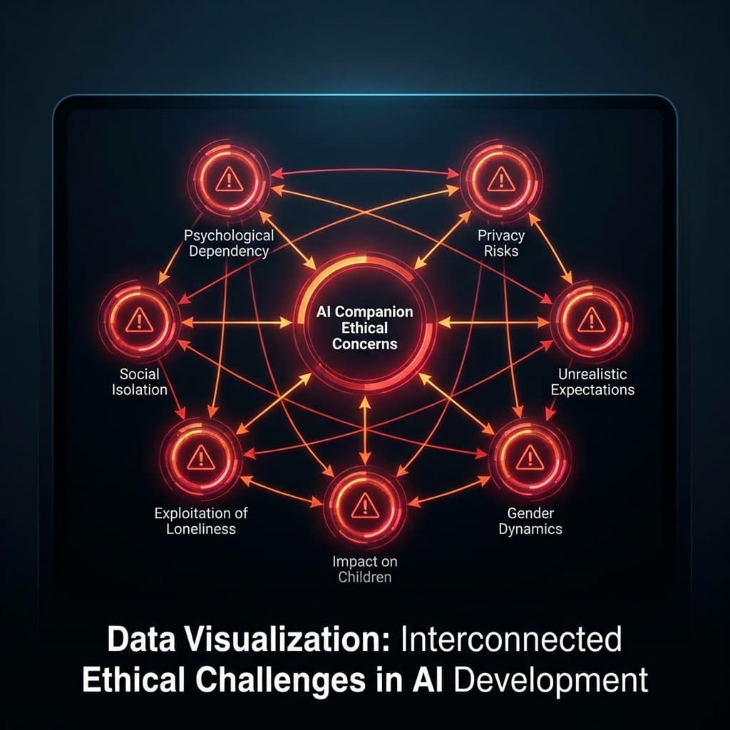 AI companion ethical concerns infographic privacy addiction social isolation psychological impact