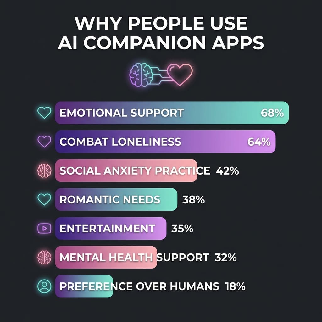 Psychology of AI companions infographic showing why people use AI girlfriend boyfriend apps loneliness