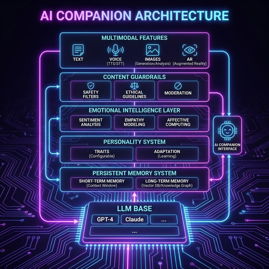 AI companion technical architecture diagram showing LLM memory personality how AI girlfriends work