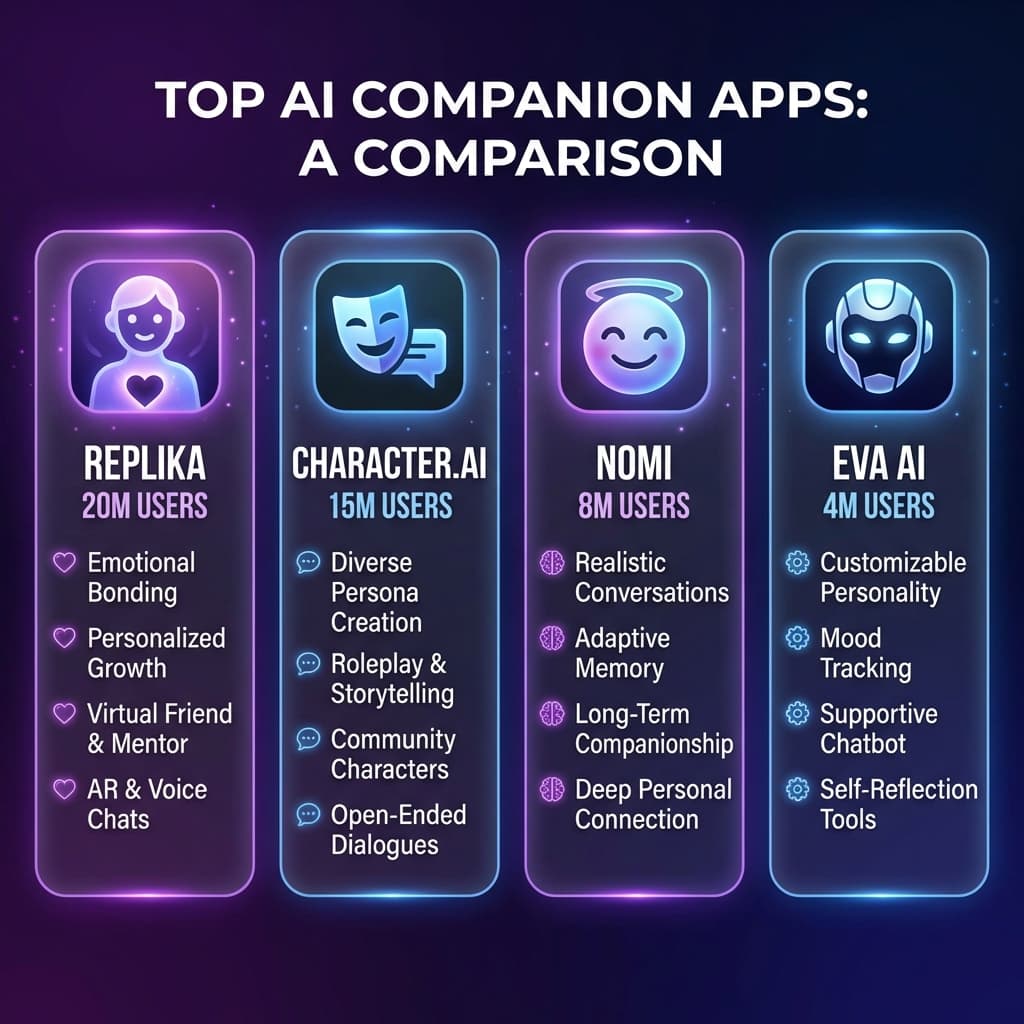 Top AI companion apps comparison Replika Character AI Nomi Eva showing features and user counts 2026