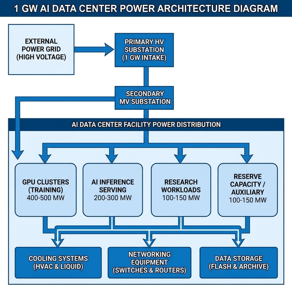 AI data center technical architecture diagram showing 1 gigawatt power distribution across GPU clusters