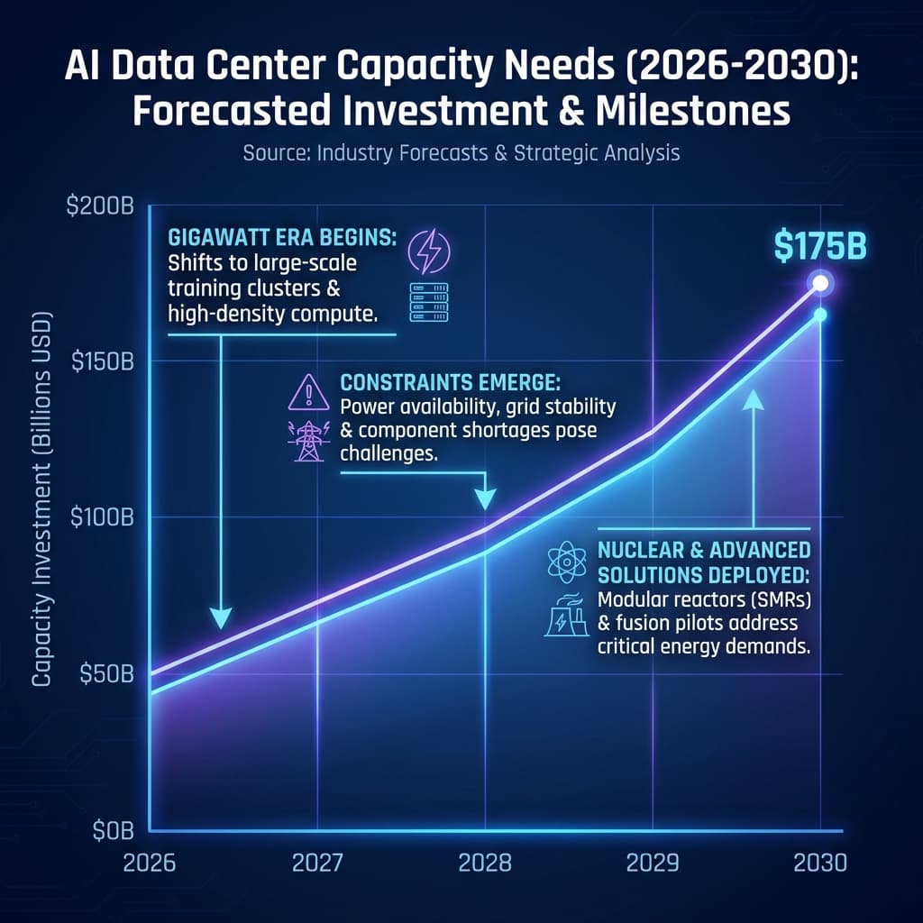 AI infrastructure future predictions timeline 2026 to 2030 showing data center capacity growth