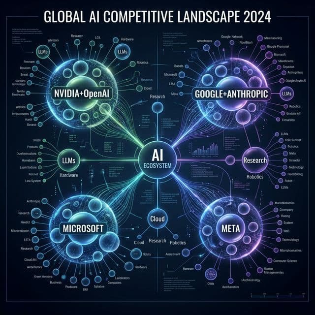 AI competitive landscape map showing Nvidia OpenAI partnership versus Google Microsoft Meta Amazon vertical integration