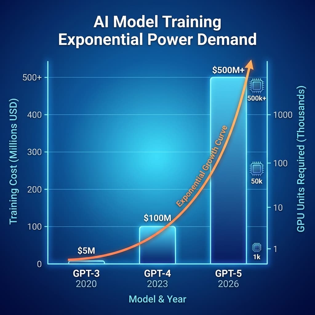 AI model training cost comparison chart showing exponential growth in infrastructure and power requirements