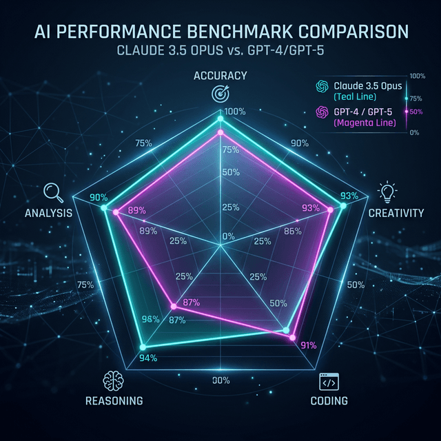 Performance benchmarks Claude vs ChatGPT showing accuracy creativity coding analysis comparison results