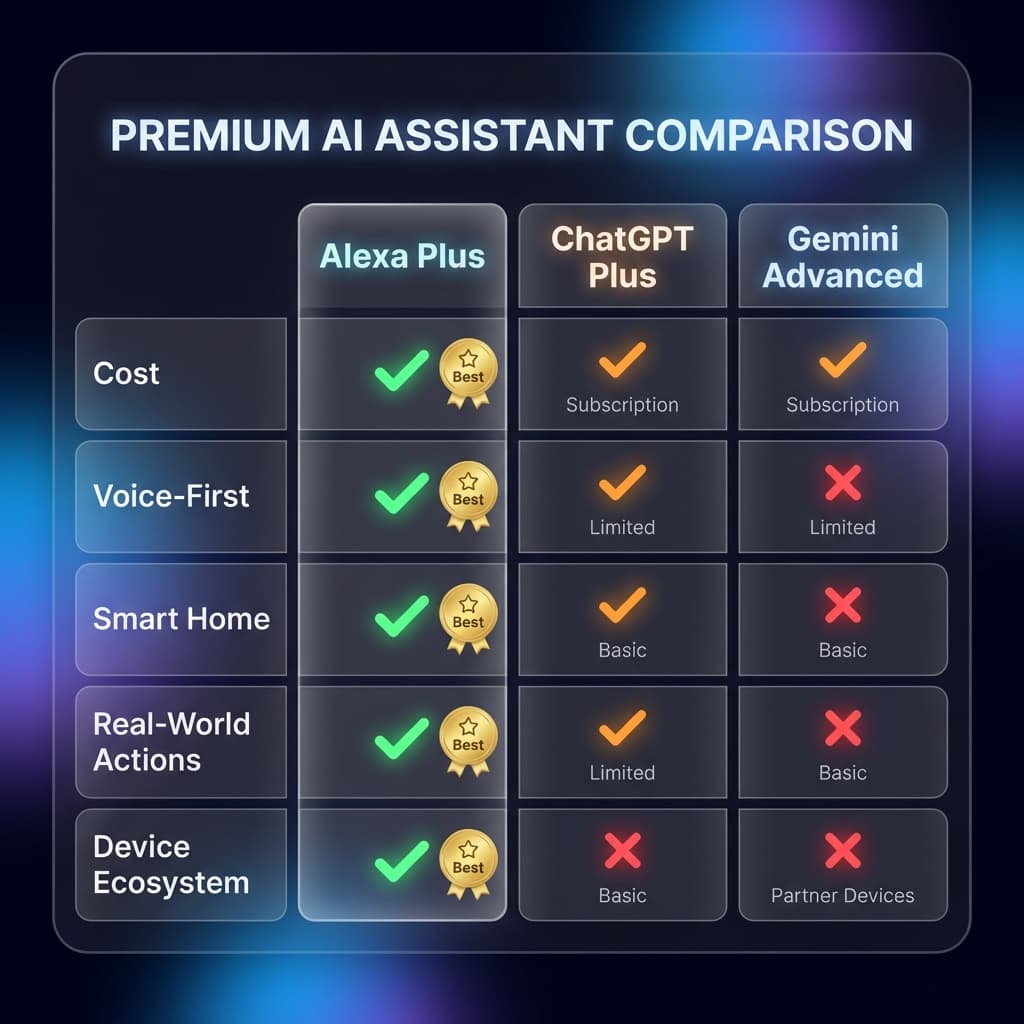 New assistant vs ChatGPT vs Gemini comparison table showing features pricing and capabilities 2026