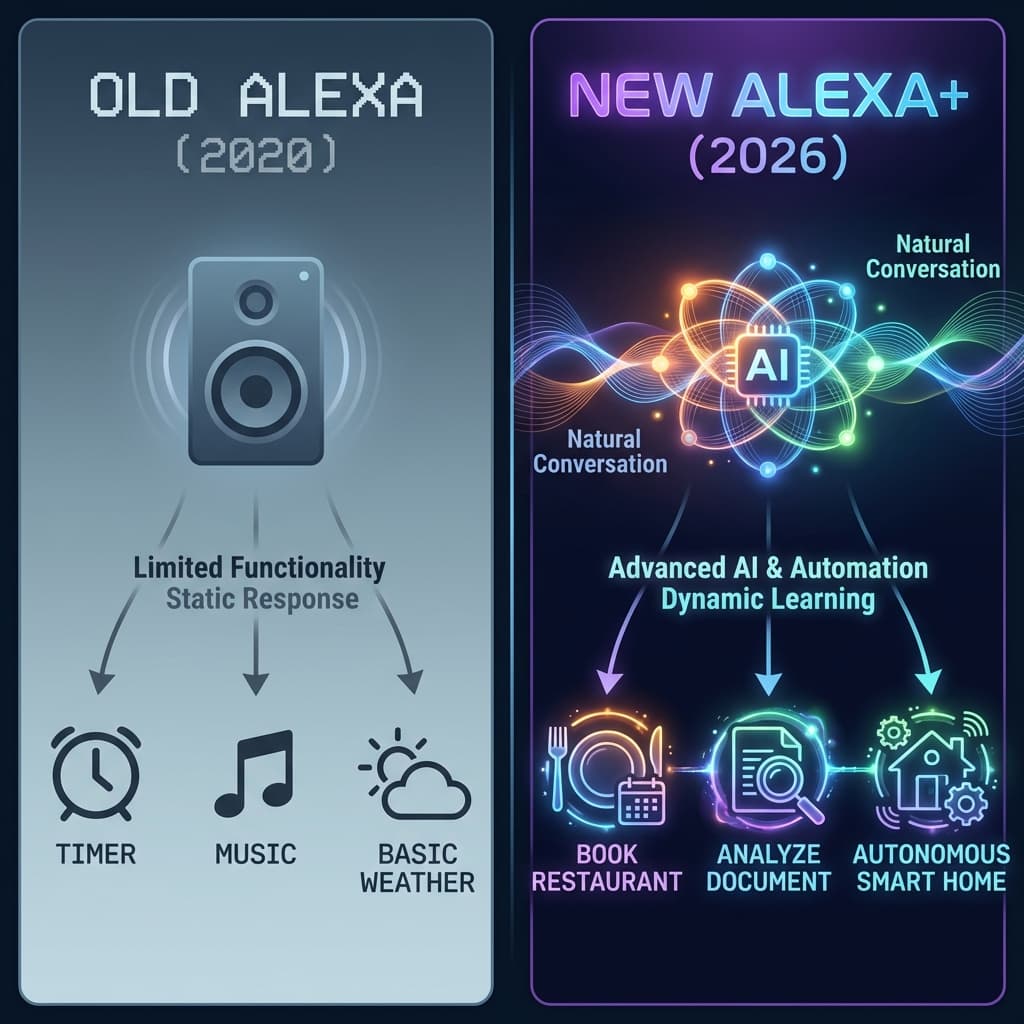 Amazon newest AI vs old Alexa comparison showing new AI capabilities 2026