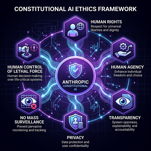 Anthropic Constitutional AI ethics framework six principles human rights agency transparency privacy surveillance lethal force