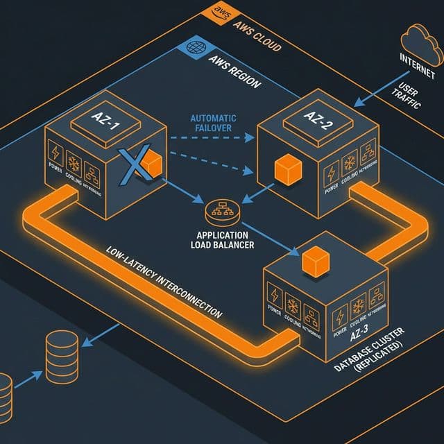 AWS availability zones architecture diagram showing multi zone deployment with independent power cooling networking and automatic failover
