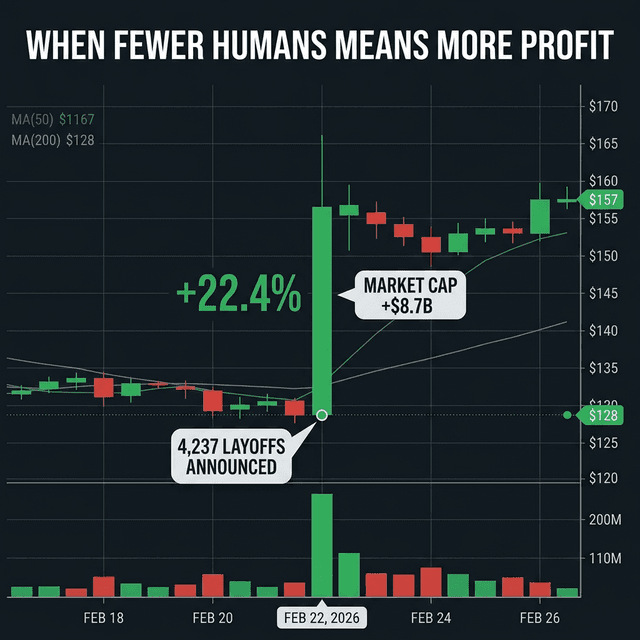 Block stock price surge 22 percent after AI layoffs announcement showing market rewards AI job displacement
