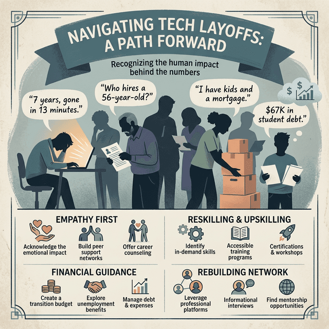 Block workers testimonials laid off employees personal stories showing devastating human cost of AI automation job displacement