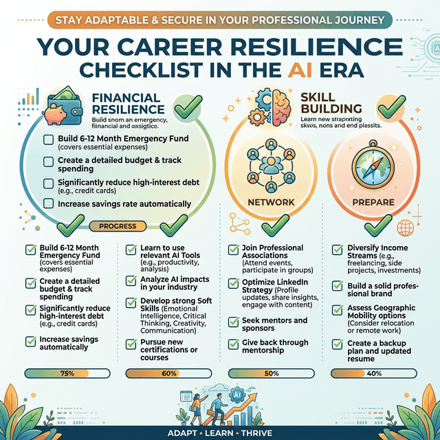 Career resilience checklist showing actionable steps workers can take to prepare for AI job displacement