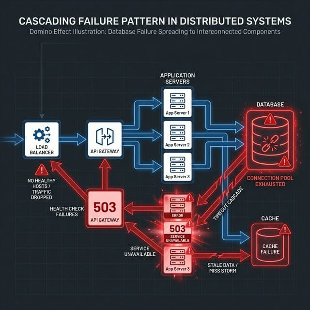Technical diagram showing cascading failure pattern in distributed systems with database failure spreading to connected components