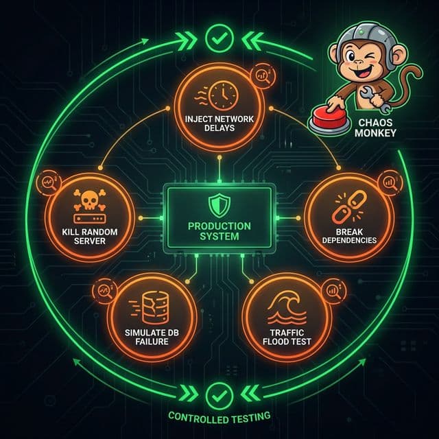 Chaos engineering diagram showing controlled system testing with random failures network delays database simulation and monitoring