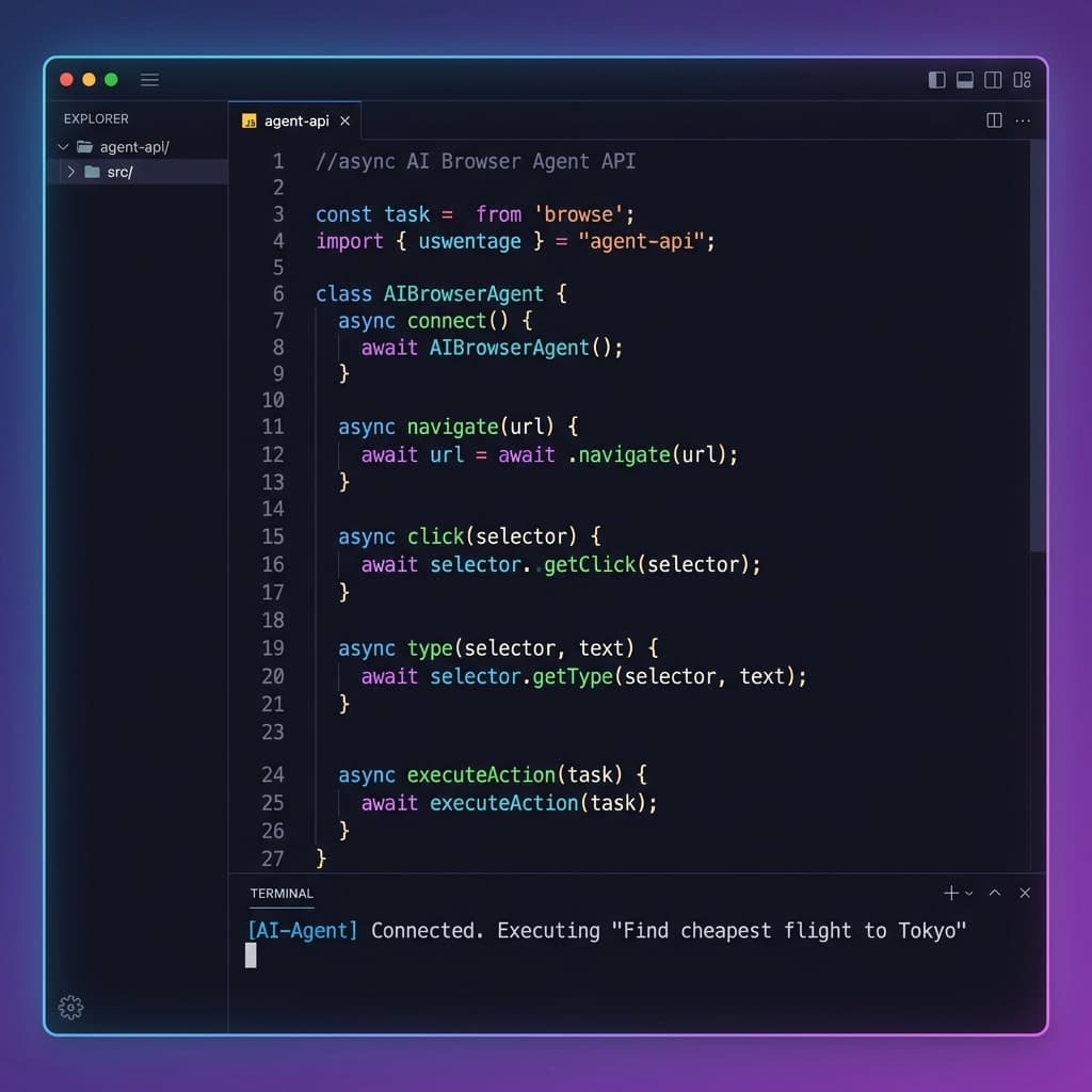 Stylized code snippet showing AI browser agent API integration pattern