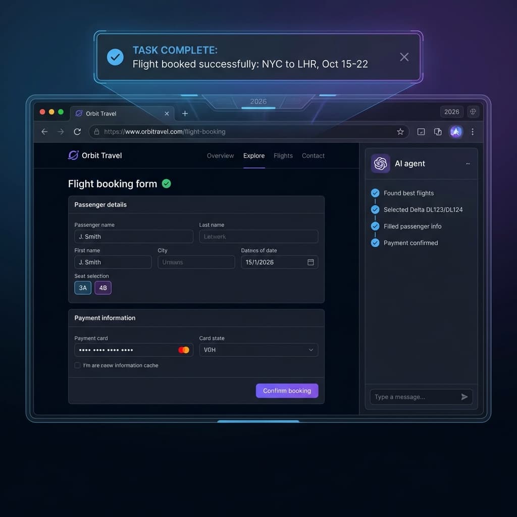 ChatGPT Agent successfully filling out a flight booking form on a modern travel website