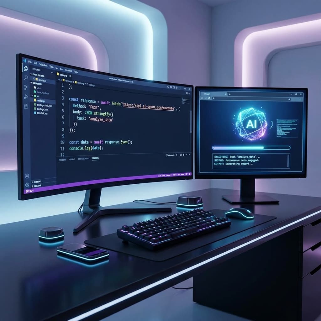 Developer workspace showing AI agent API integration and browser control