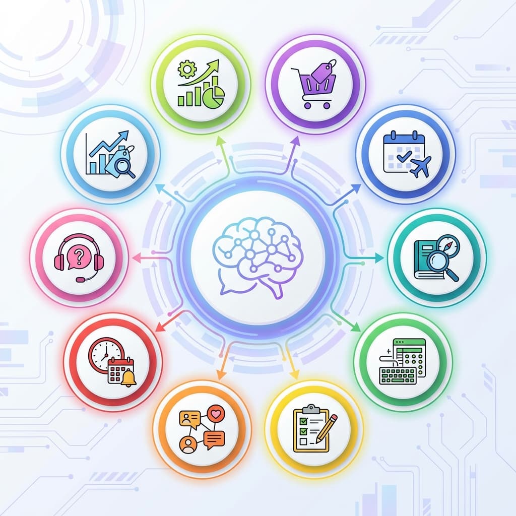 ChatGPT Agent use cases infographic showing travel booking shopping research and automation tasks