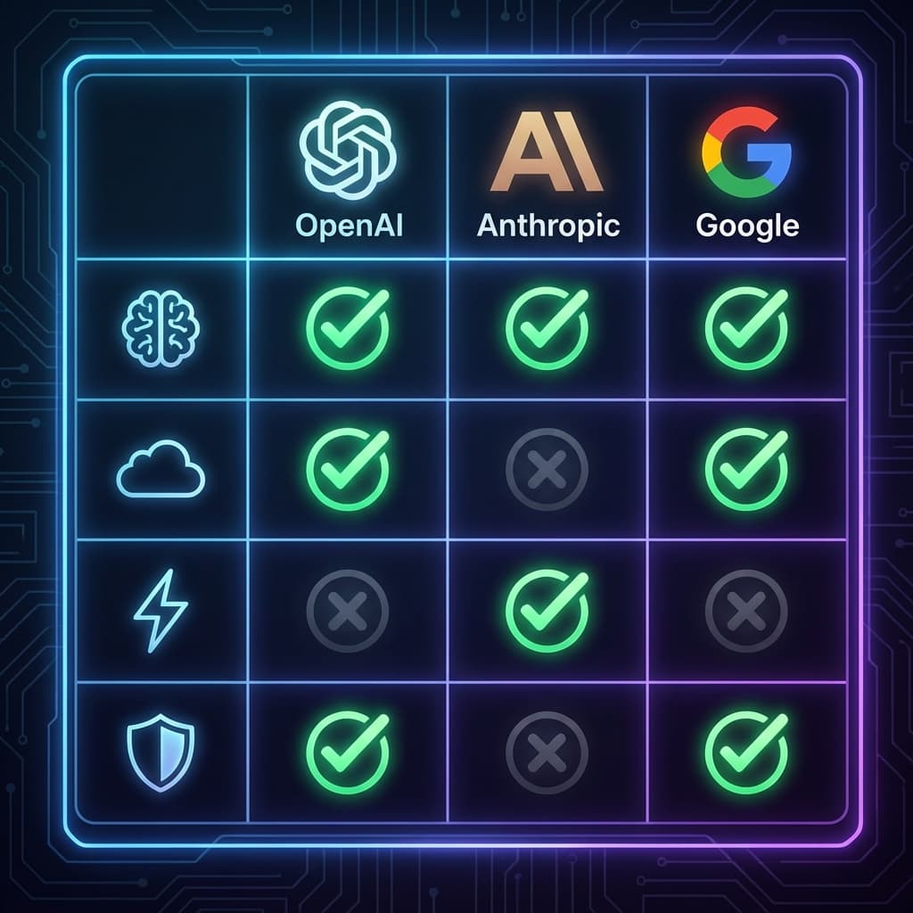 AI browser agent comparison table ChatGPT vs Claude vs Google showing features and capabilities 2026