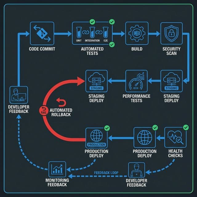 Comprehensive CI CD pipeline showing code commit automated tests build security scan staging performance tests production deployment with health checks and rollback