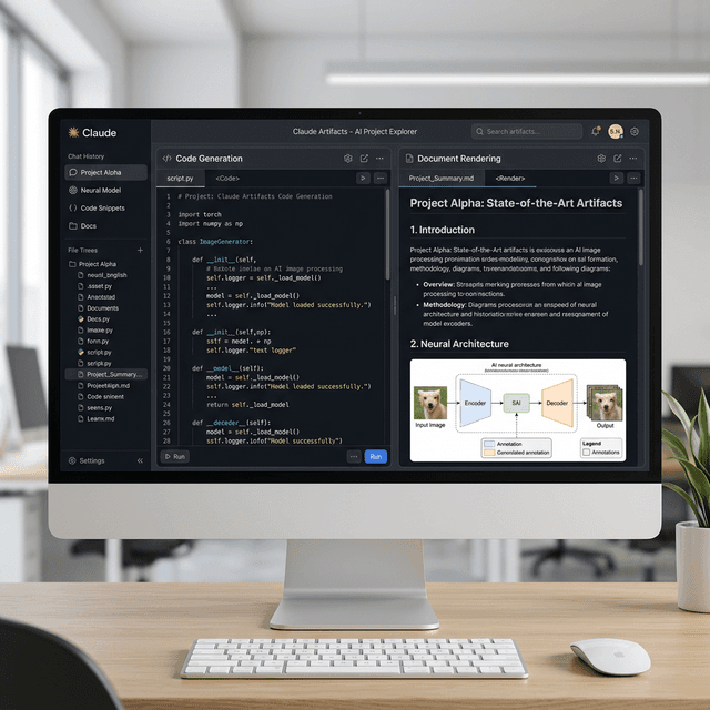 Claude Artifacts feature UI showing side-by-side code and document rendering