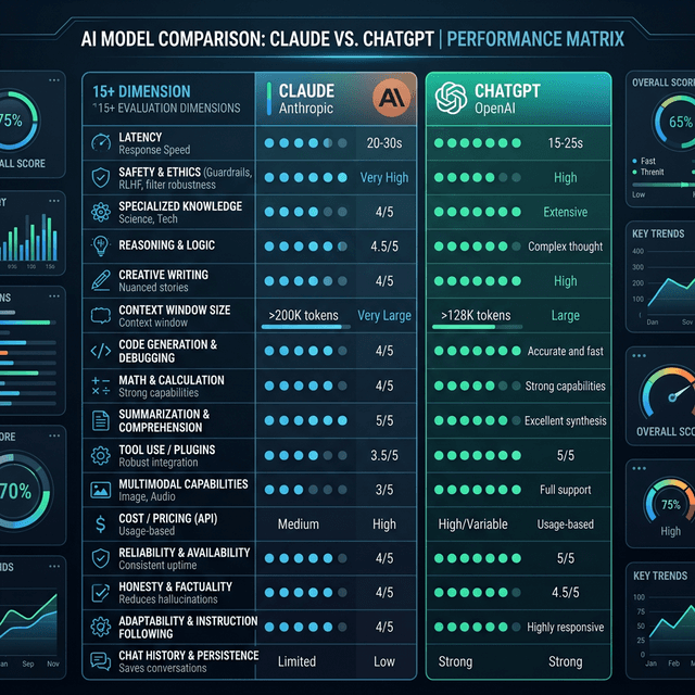 Comprehensive comparison matrix Claude versus ChatGPT showing ratings across multiple dimensions features pricing